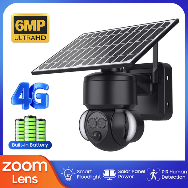 6MP Dual Lens Super HD 4G Celullar Security PTZ Camera With Solar Panel And Flood Light Color Night Version PIR Motion Detection WiFi Battery Cam